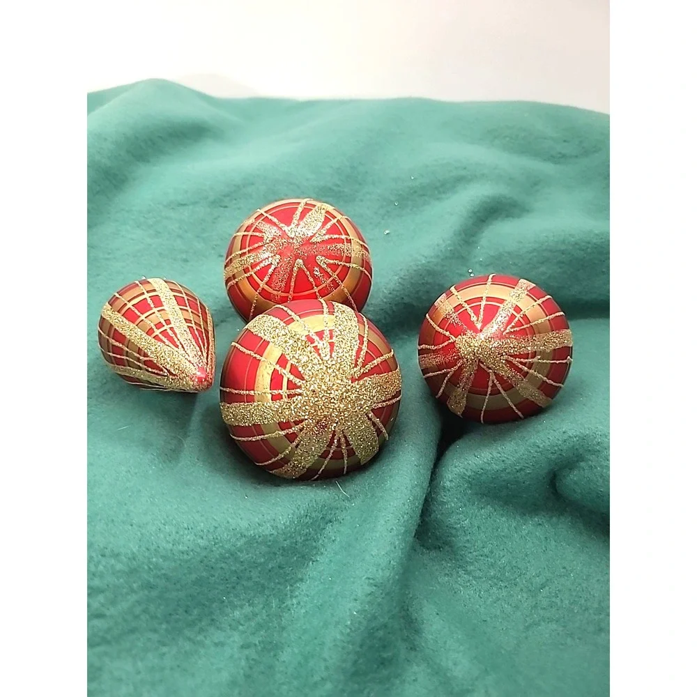 Four Red and Gold Hand‎ Painted Plaid Glass Christmas Ornaments